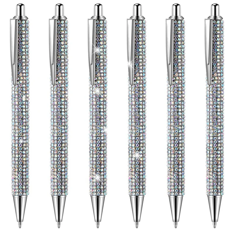 

HOT-6 Pcs Cute Pen Bling Diamond Pens Christmas Rhinestones Gift Silver Metal Ballpoint Pens Fancy Sparkly Crystal Pens