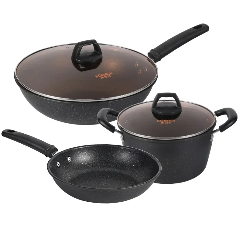 

Kangbach Maifanshi Non stick Three Piece Set Household Fry Flat Bottom Fry Soup Pot Set Wholesale