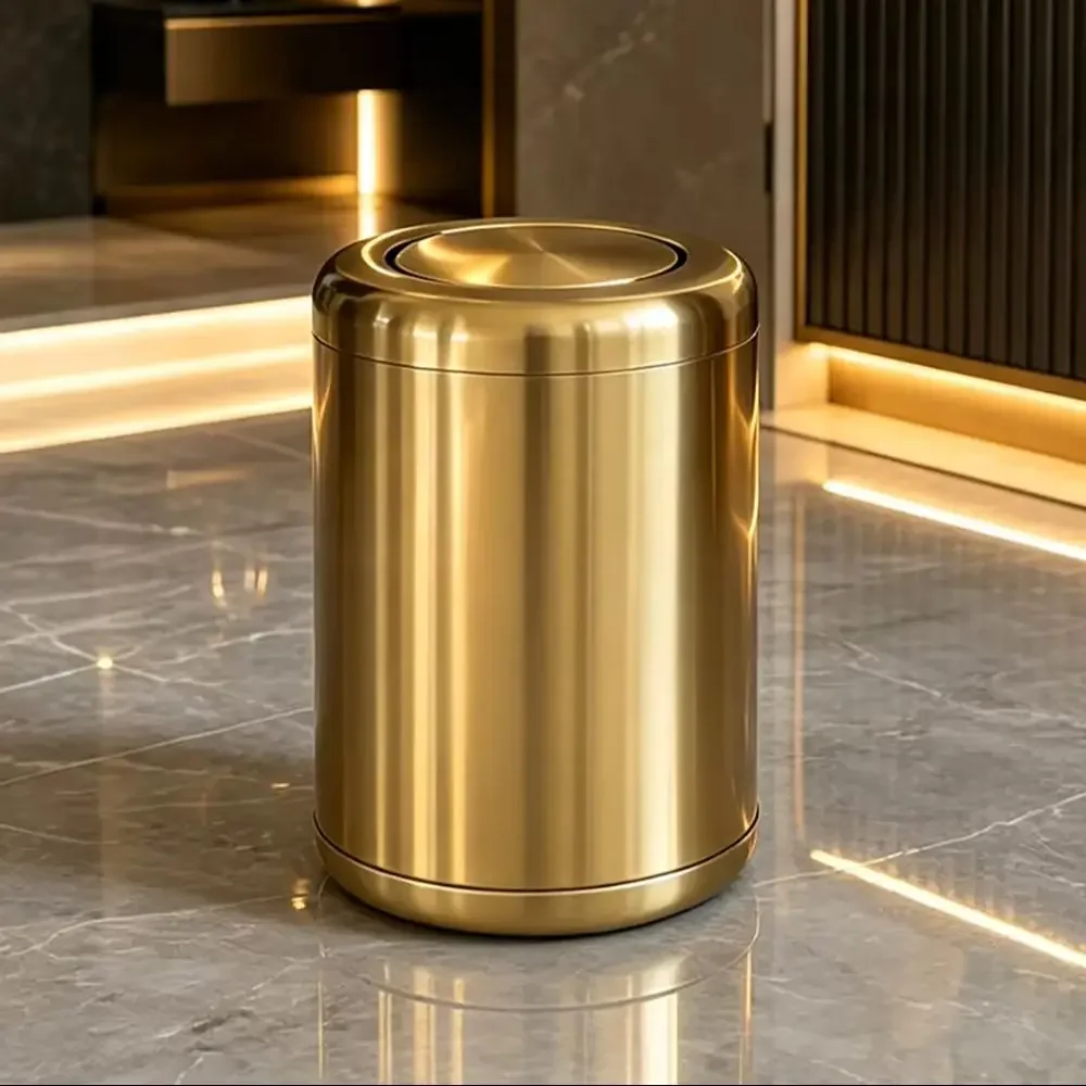 8L/2.4gal New Gold Stainless Steel Trash Can - Stylish Double-Layer Minimalist Bin for Home Living Room, Hotel