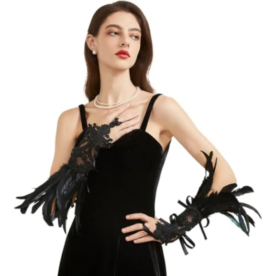 BRYCTSISEN Feather Gloves Long Gothic Fingerless Lace Gloves