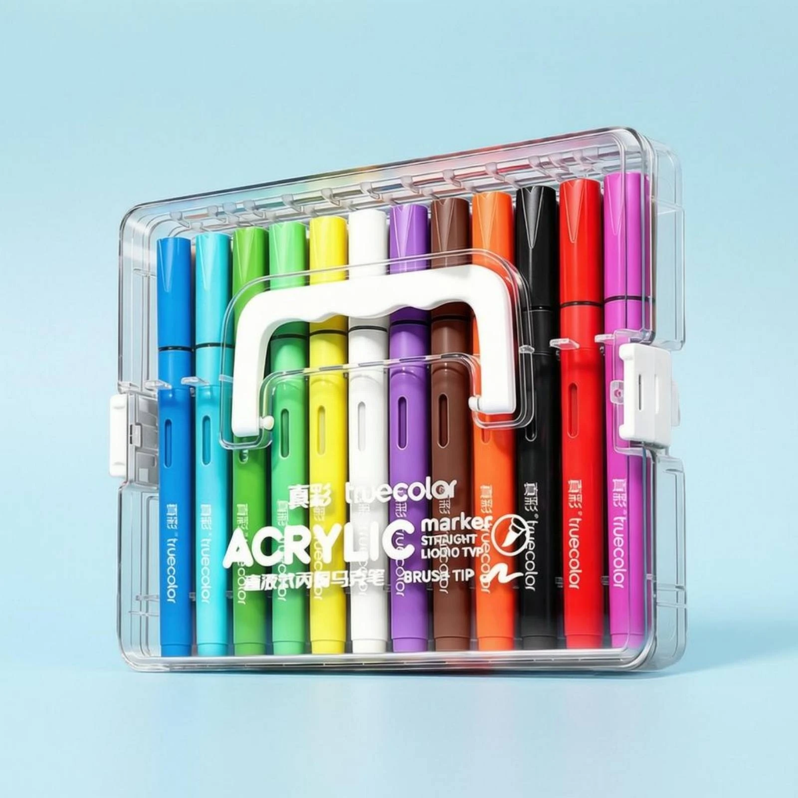 12-Color Acrylic Marker Set Direct-Liquid Brush Tip Acrylic Markers Marker Set in Case Rainbow Colors Brush Tip Markers Handle