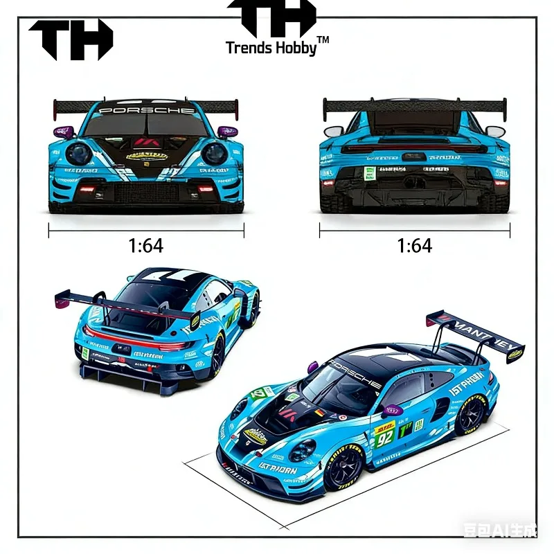 

TH 1:64 2025 911 GT3 R endurance race champion 92# casted imitation alloy car model, boys' toy collection decorative item.