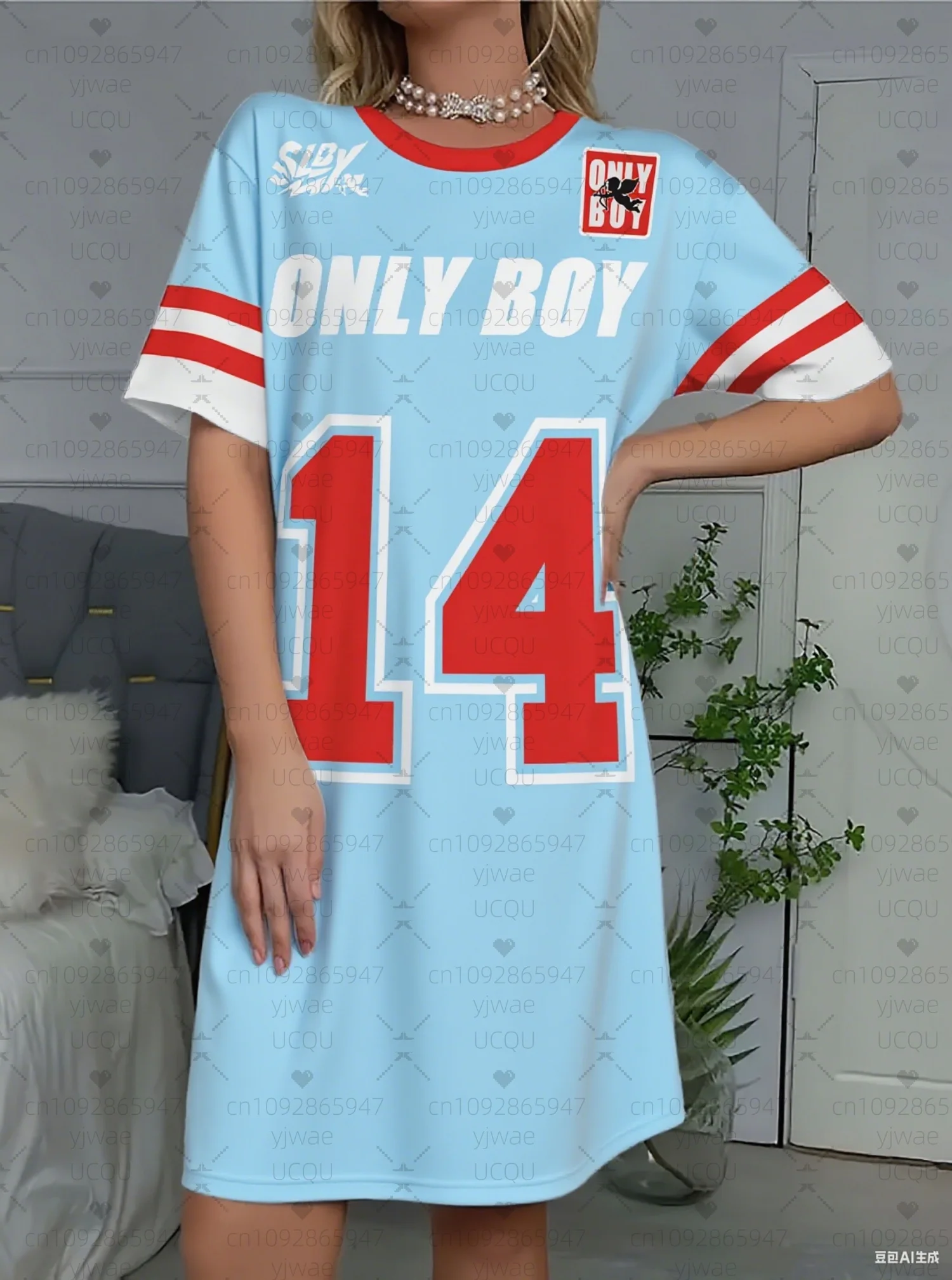 2025 Summer  Women T-Shirt Dress sleep ONLY BOY 14  printed O-Neck Lady Short Sleeve Pullover Dresses Women nightdress