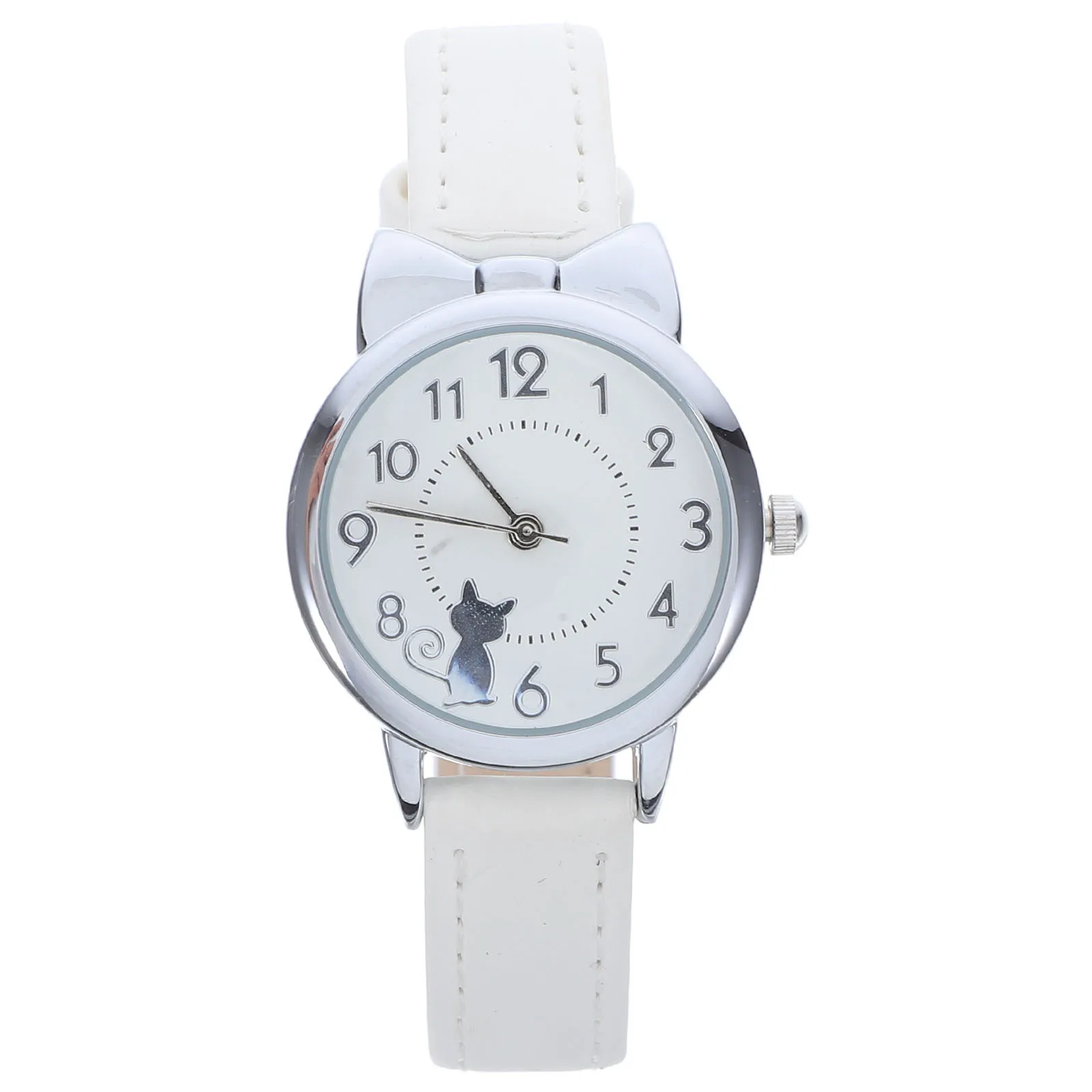 Analog Quartz Watch Cute Cat Pattern Lightweight PU Strap Metal Face School Daily Casual Watch