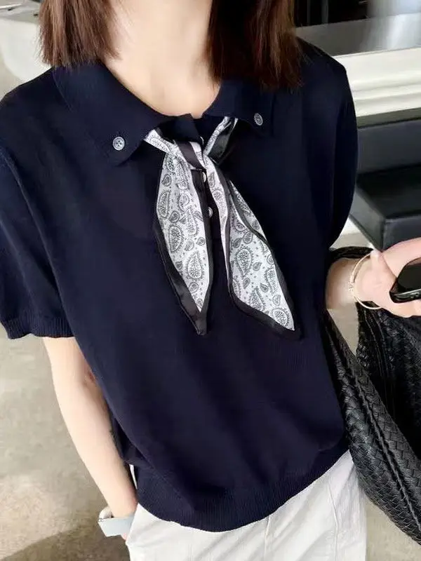 Elegant  Neck Silk Scarf Short Sleeve Knitted Sweater Women's plus Size Lightweight Slimming Top Trendy Casual Wear