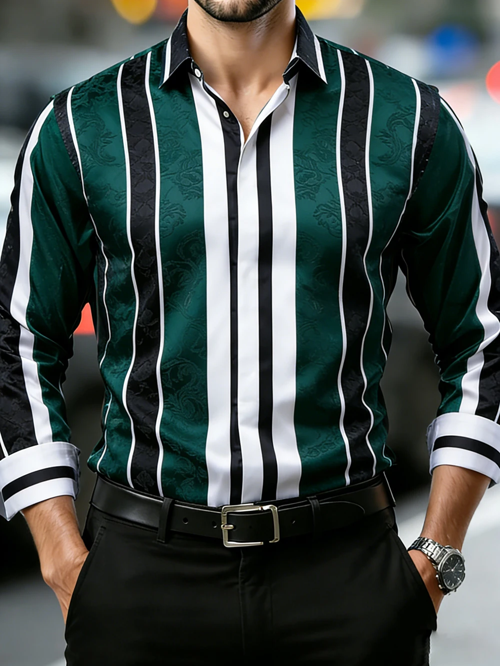 Men's Light Luxury Business Long-Sleeve Collar Shirt Stripe High-Definition Pattern Printed Shirt Hawaiian Vacation Men Clothing