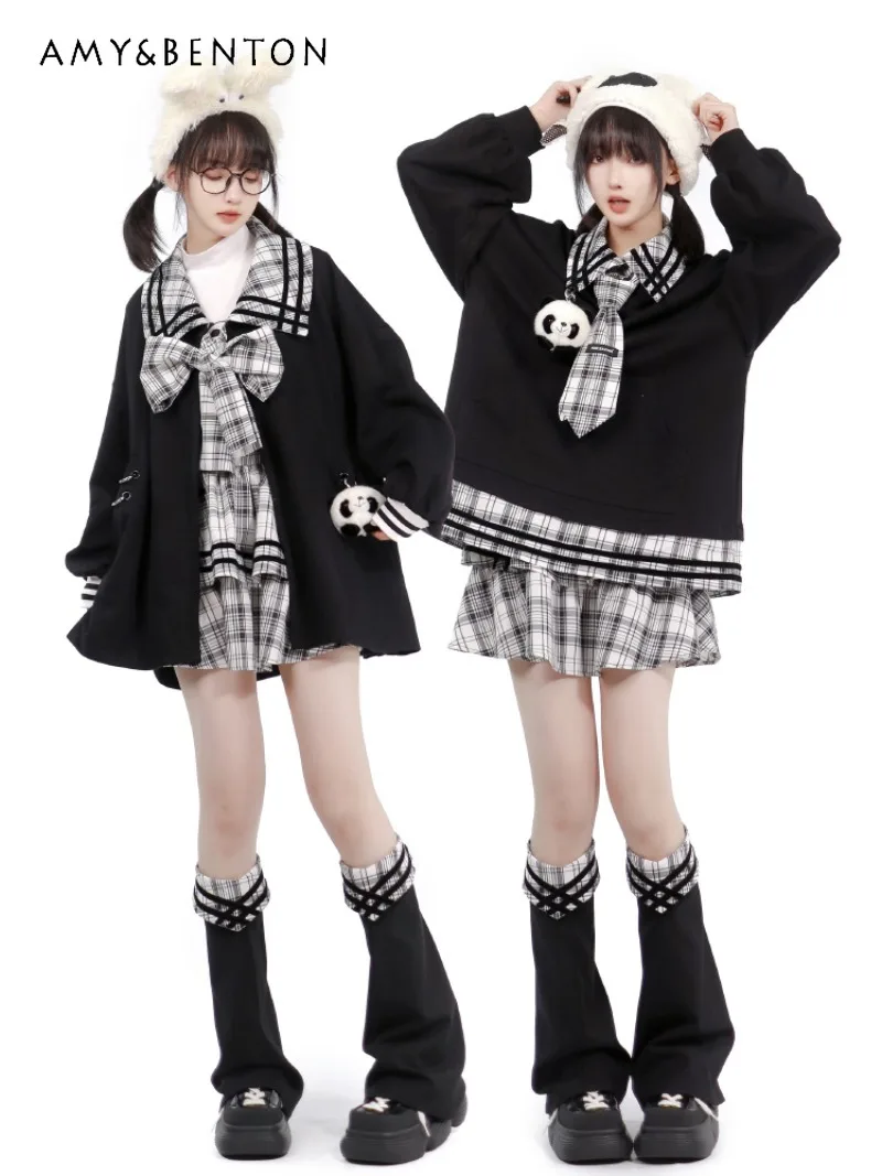 2024 Japanese Original Design Panda Doll Decoration Autumn and Winter Playful Coat with Skirt Suit For Women