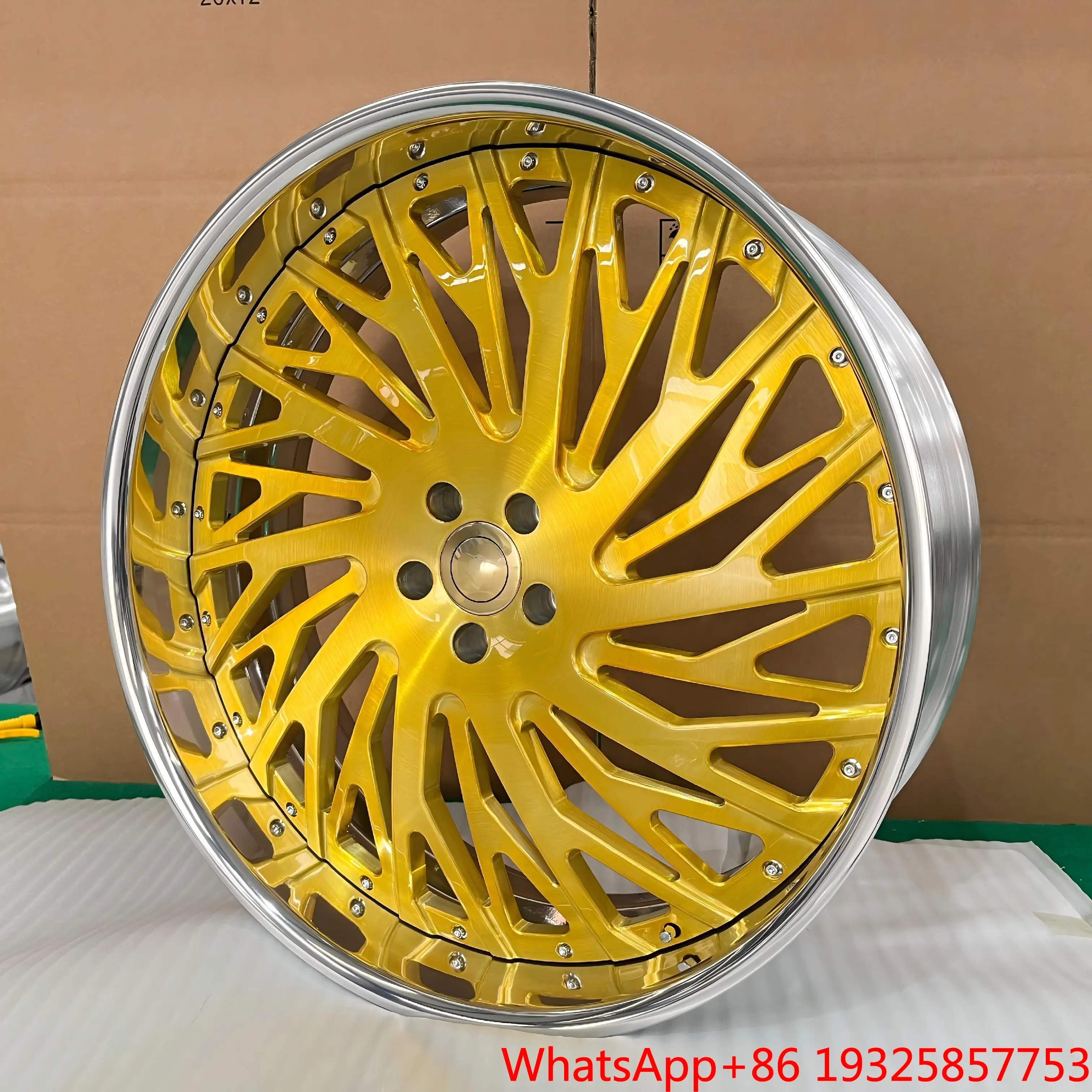 6061-T6 Forged Alloy Wheels Brushed Gold 20 21 22 24 26 Inch Custom Two-Piece Multi Split Spoke Polished Chrome Lip Rivet Design