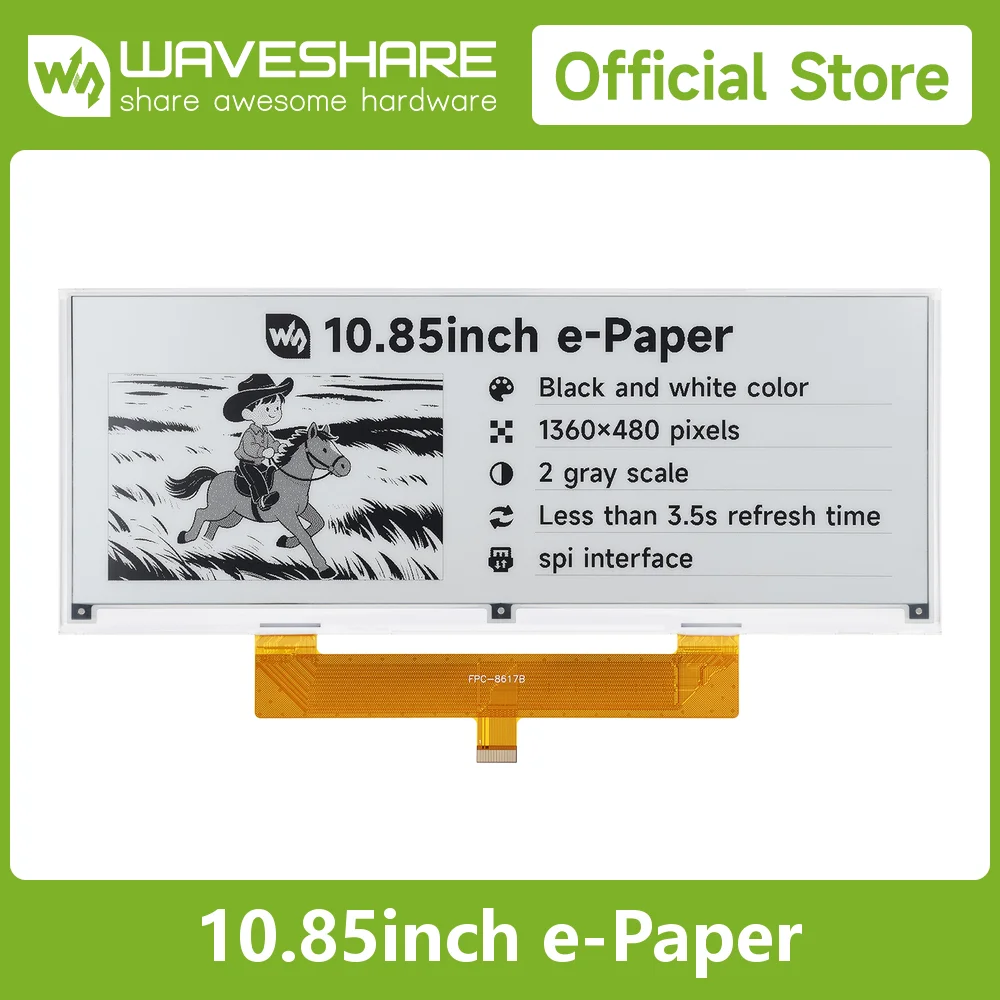 Waveshare Écran E-Paper 10,85 pouces pour Raspberry Pi/Jetson Nano/Arduino, 1360 × 480, noir/blanc, SPI, grand angle de vision