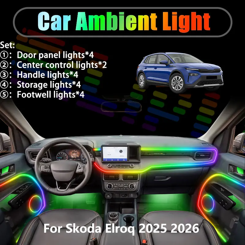 

For Skoda Elroq 2025 2026 SUV 2/18 in 1 Car ambient lighting Led trunk interior led lights USB RGB Ensemble Streamer Accessories