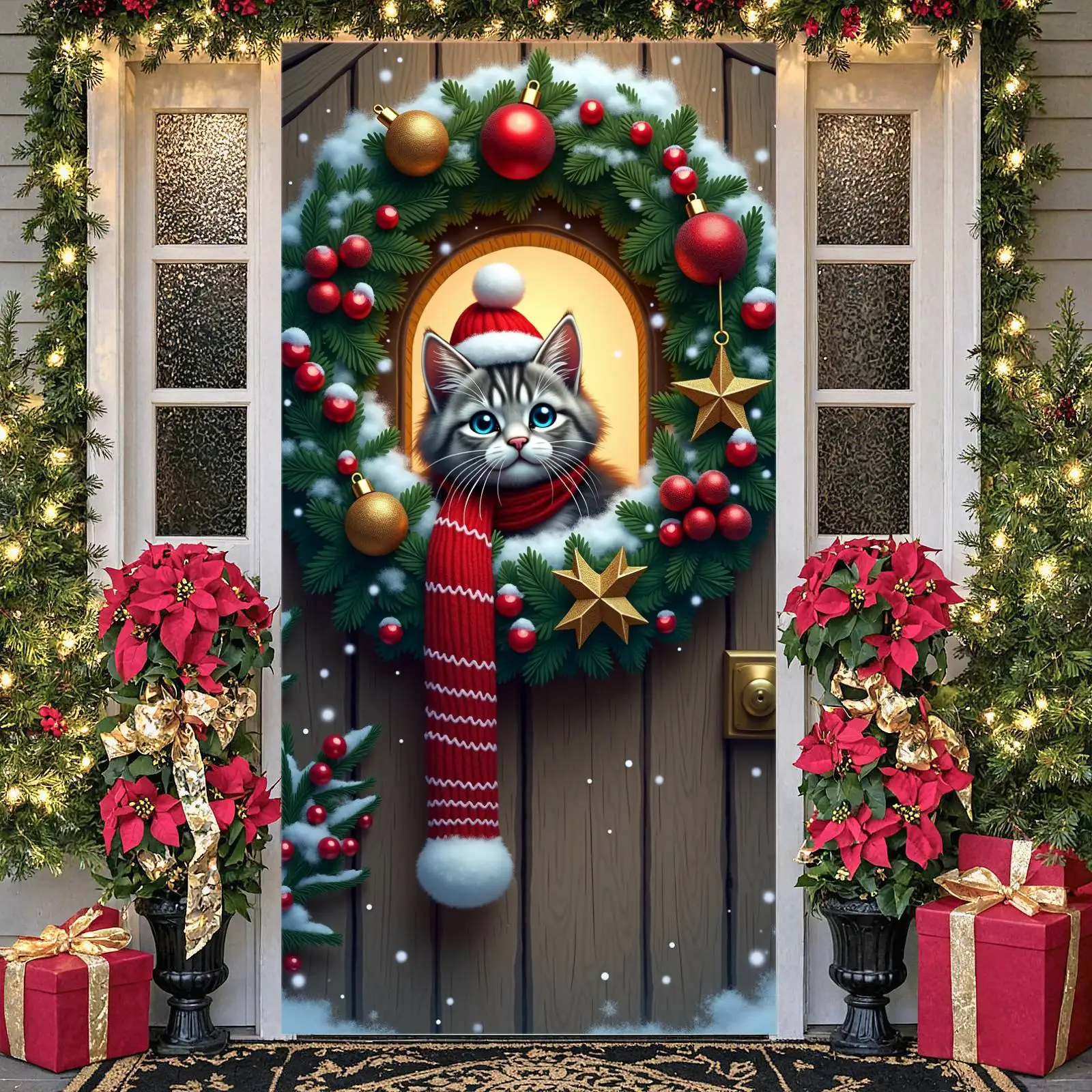 Cute Christmas Banner Christmas  Holiday Banner Wreath Decoration Red Gold Pet Christmas Banner for Christmas Party Home Decor