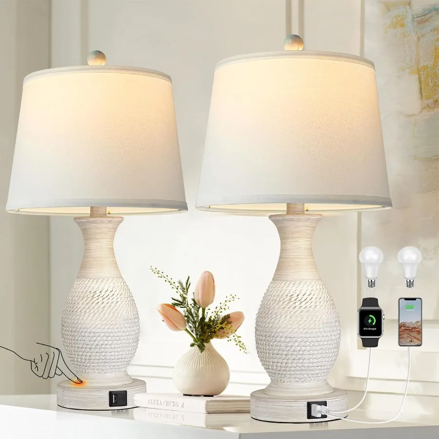 Table Lamps Set of 2 Bedside Touch Lamp with USB C+A Charging Ports Side Table Lamp with White Fabric Shade LED Bulbs Included