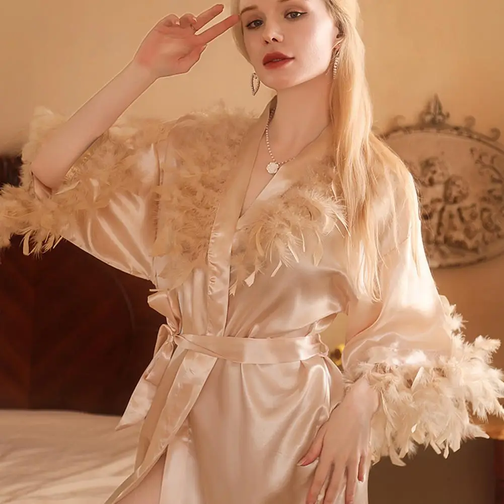 Elegant Lounge Robe Women Pajamas Nightgown Satin Silk Feather Decor Waist Tie Solid Color Sleepwear Morning Robe Sexy