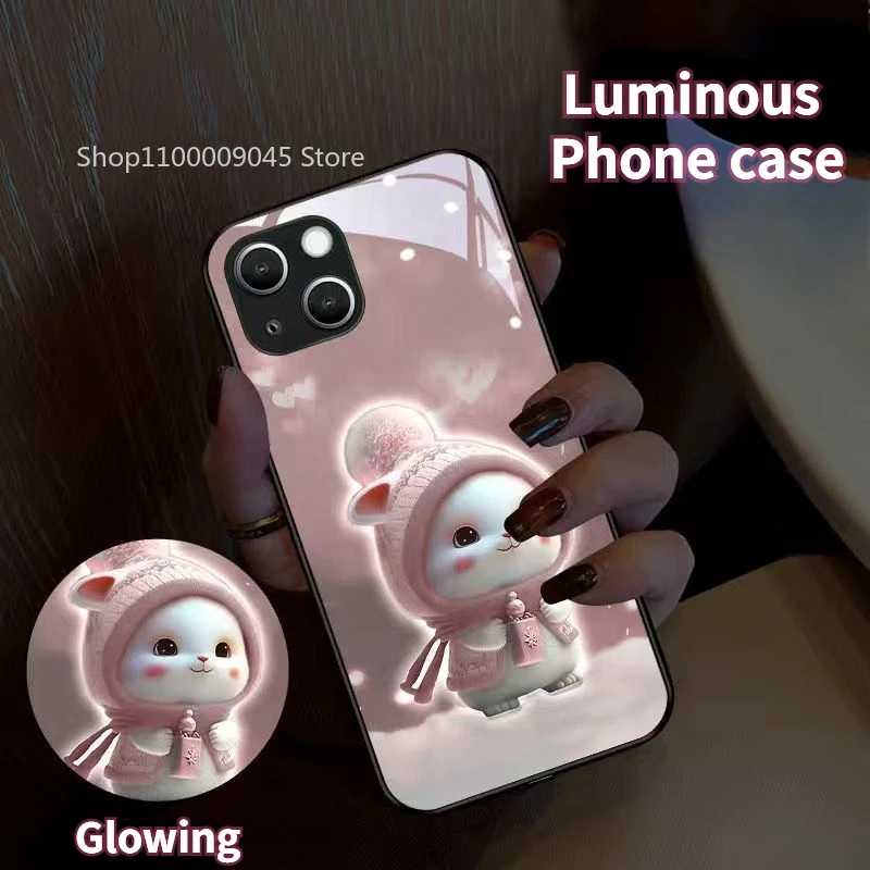 

Pink Rabbit LED Light Glowing Luminous Tempered Glass Back Phone Case For Samsung S24 S22 S23 Note 20 10 A73 A54 A14 Plus Ultra