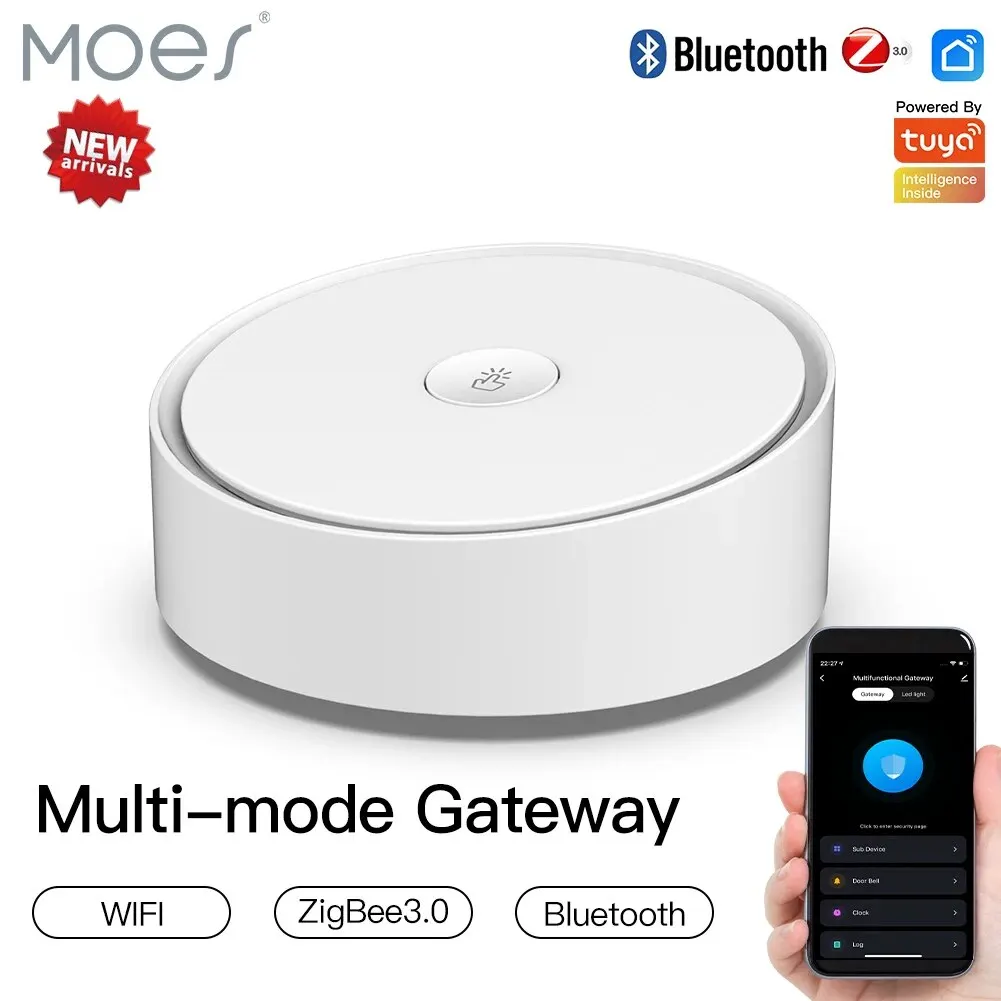 MOES Multi-mode Smart Home Gateway ZigBee WiFi Bluetooth Mesh Hub Door Bell Clock Multi-functional