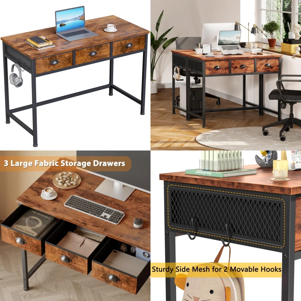 

Computer DesksCompact 40 Inch Office Desk with 3 Soft Close Fabric Drawers Modern Simple Design for Home Workspace