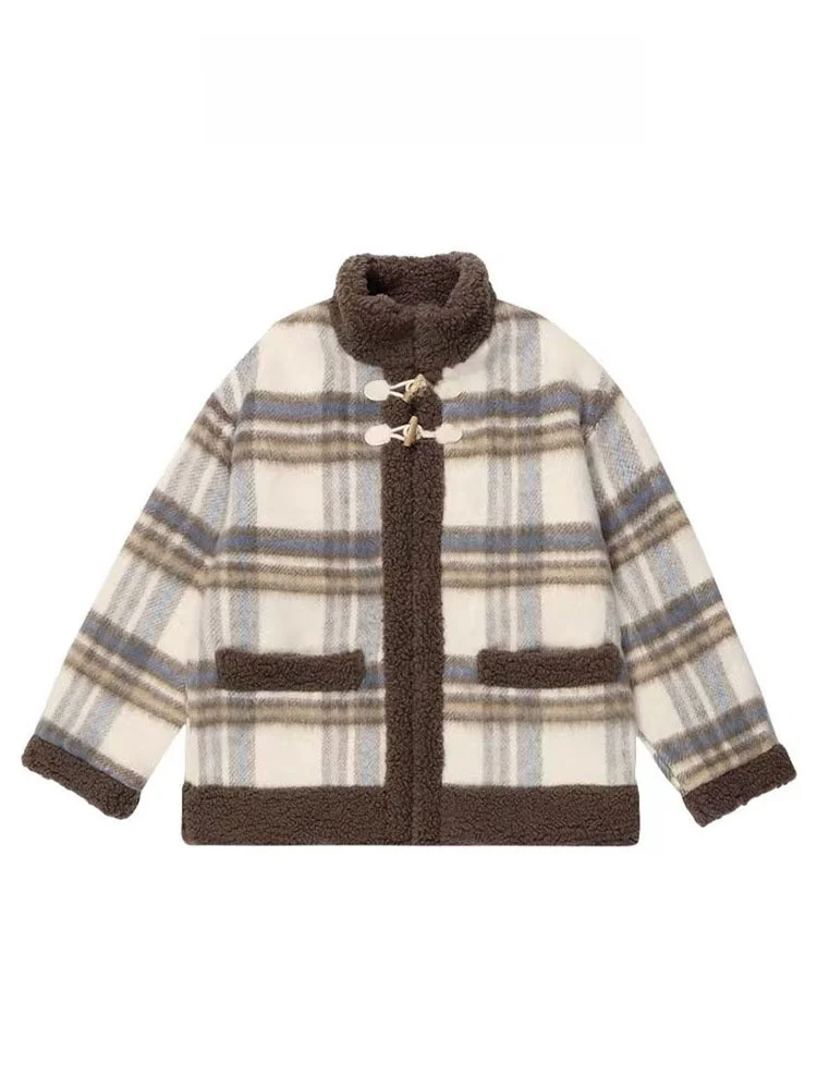 

Retro Lamb Fur Jacket Women's Thickened Cotton Plaid Design Winter Coat Stand Collar Long Sleeve Casual Commute Style