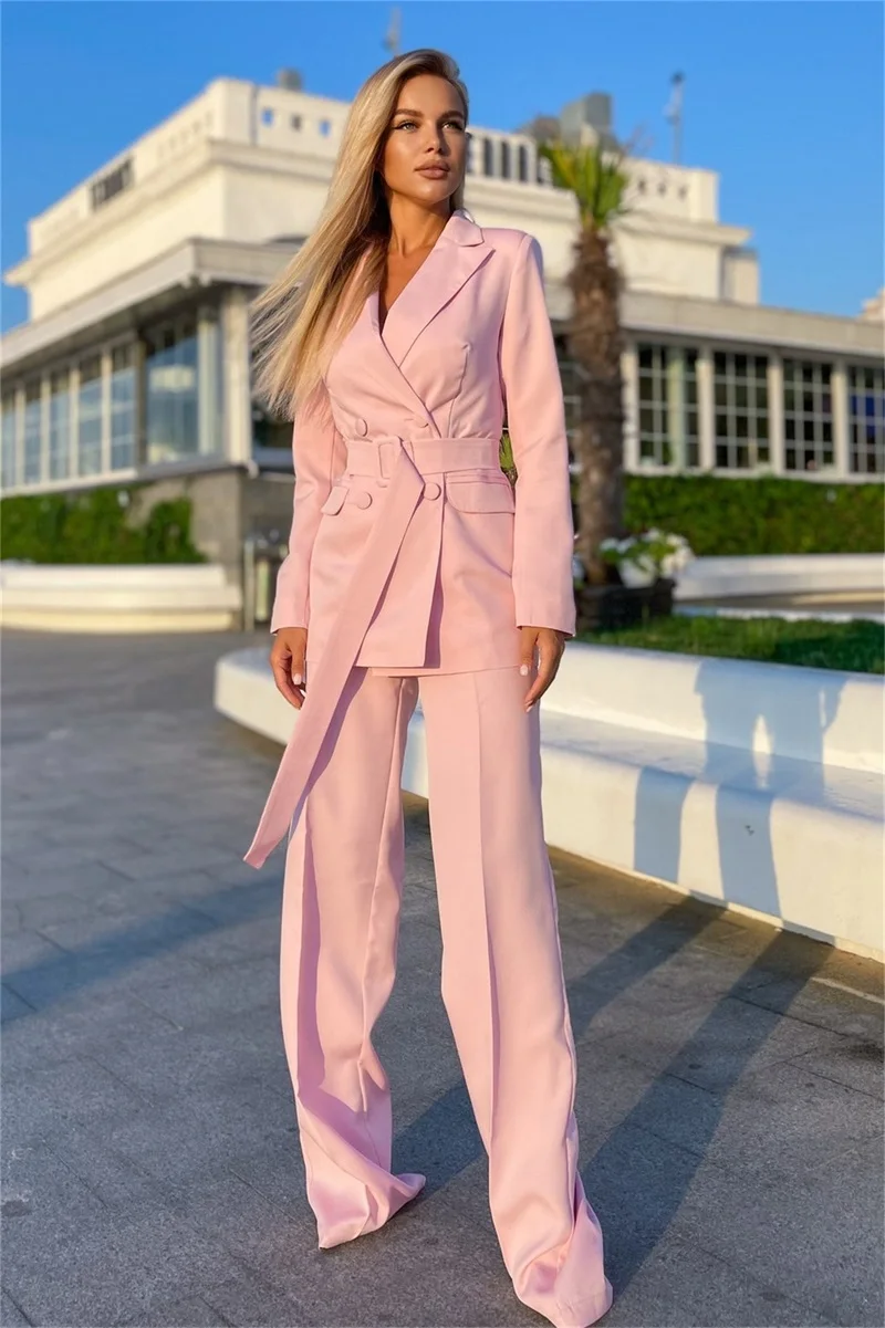 Formal 2Pcs Pink Women Suits Set Tie Waist Blazer+Pants Office Lady Prom Dress Costumes Jacket With Belt Double Breasted