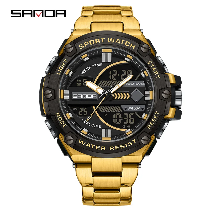 SANDA 3185 Men\'s Electronic Watches Alarm Mode Waterproof Shock Resistant Outdoor Sports Chronograph Stainless Steel Strap Watch