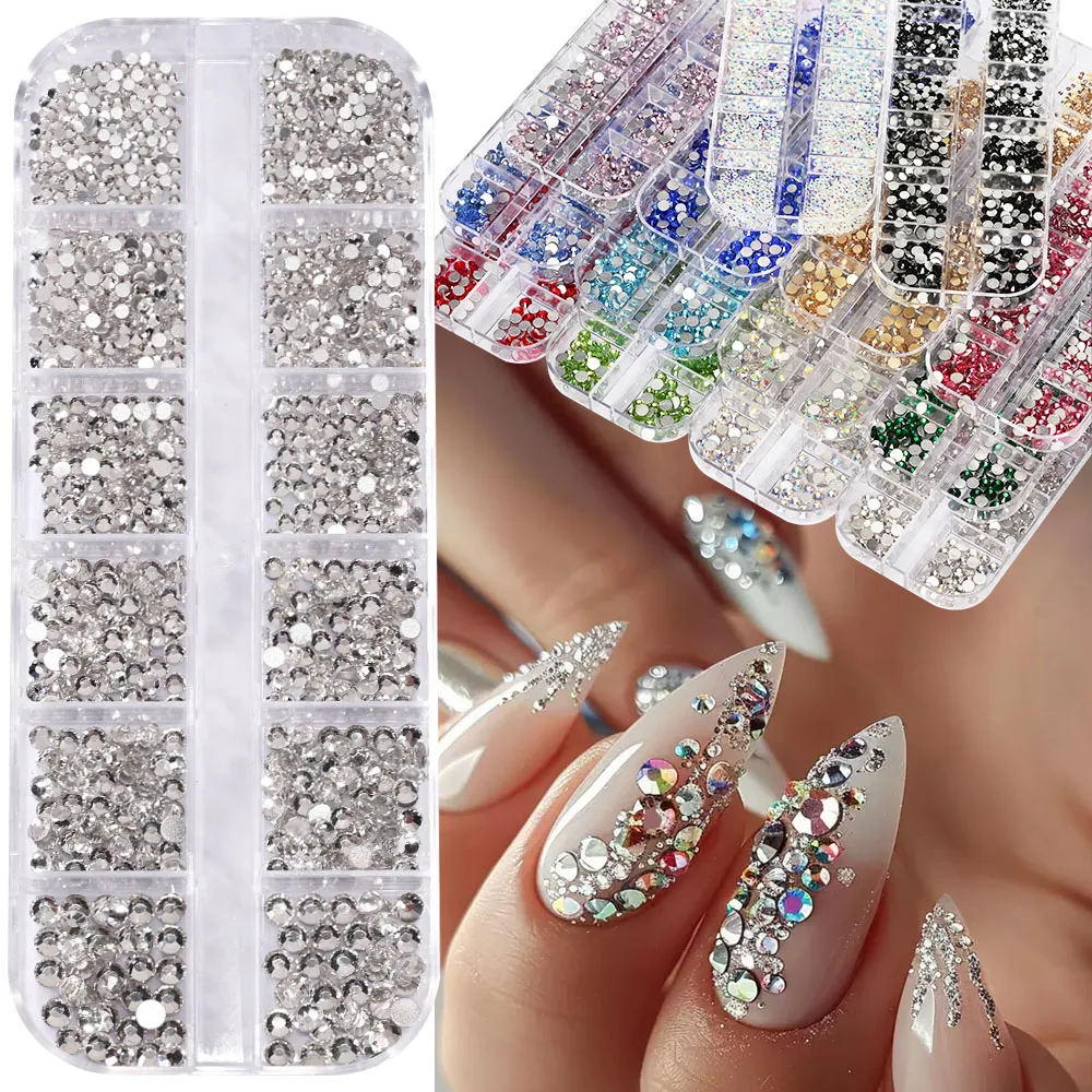 SS4-SS16 Shiny Round Glass Rhinestones Nail Charms 12Grids 6Size Mini Nails Gemstones 3D Flatback 14Colors Diamond Nail Art Deco