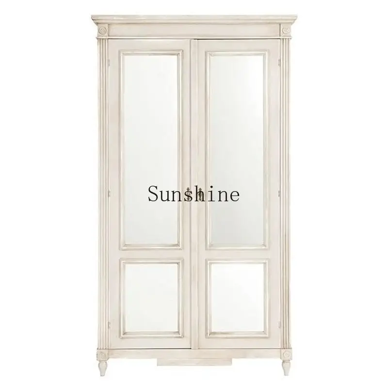 

French retro old solid wood wardrobe rural antique wardrobe storage mirror