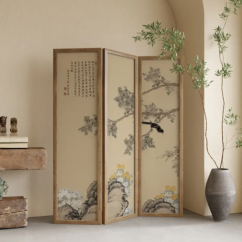 Solid wood screen partition living room entrance door blocking folding mobile new Chinese medieval folding sofa background