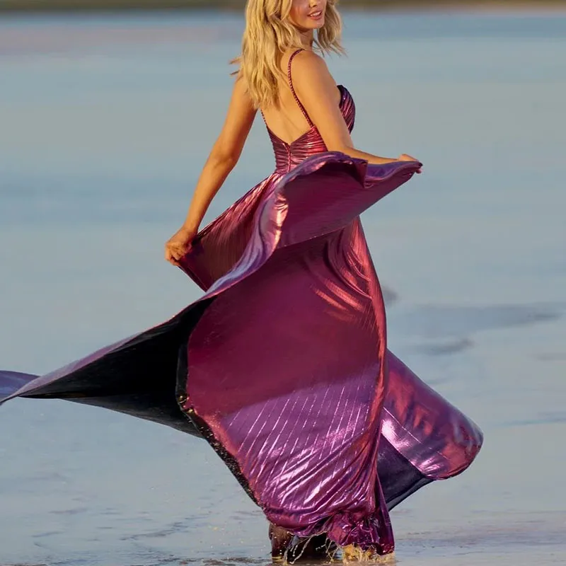 Femmes printemps bronzant brillant robe de Banquet élégant sans bretelles creux fronde longues robes nouvel été dos nu fermeture éclair Boho Maxi robe