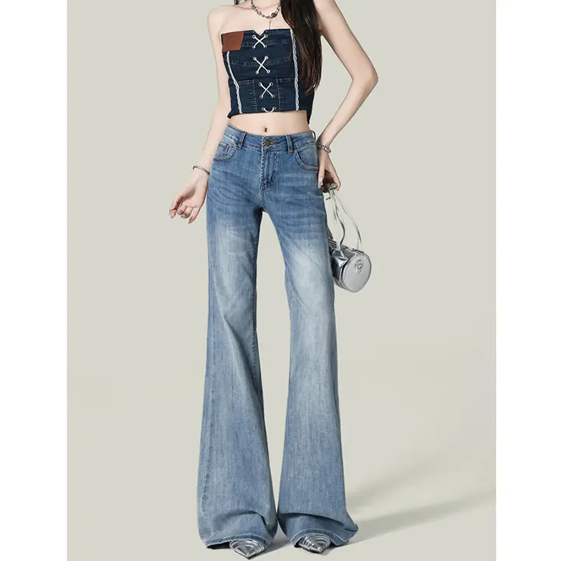 Spice Girl Retro Light Blue High Waist Micro-flared Jeans Women's Trend New American Legless Loose Horseshoe Pants
