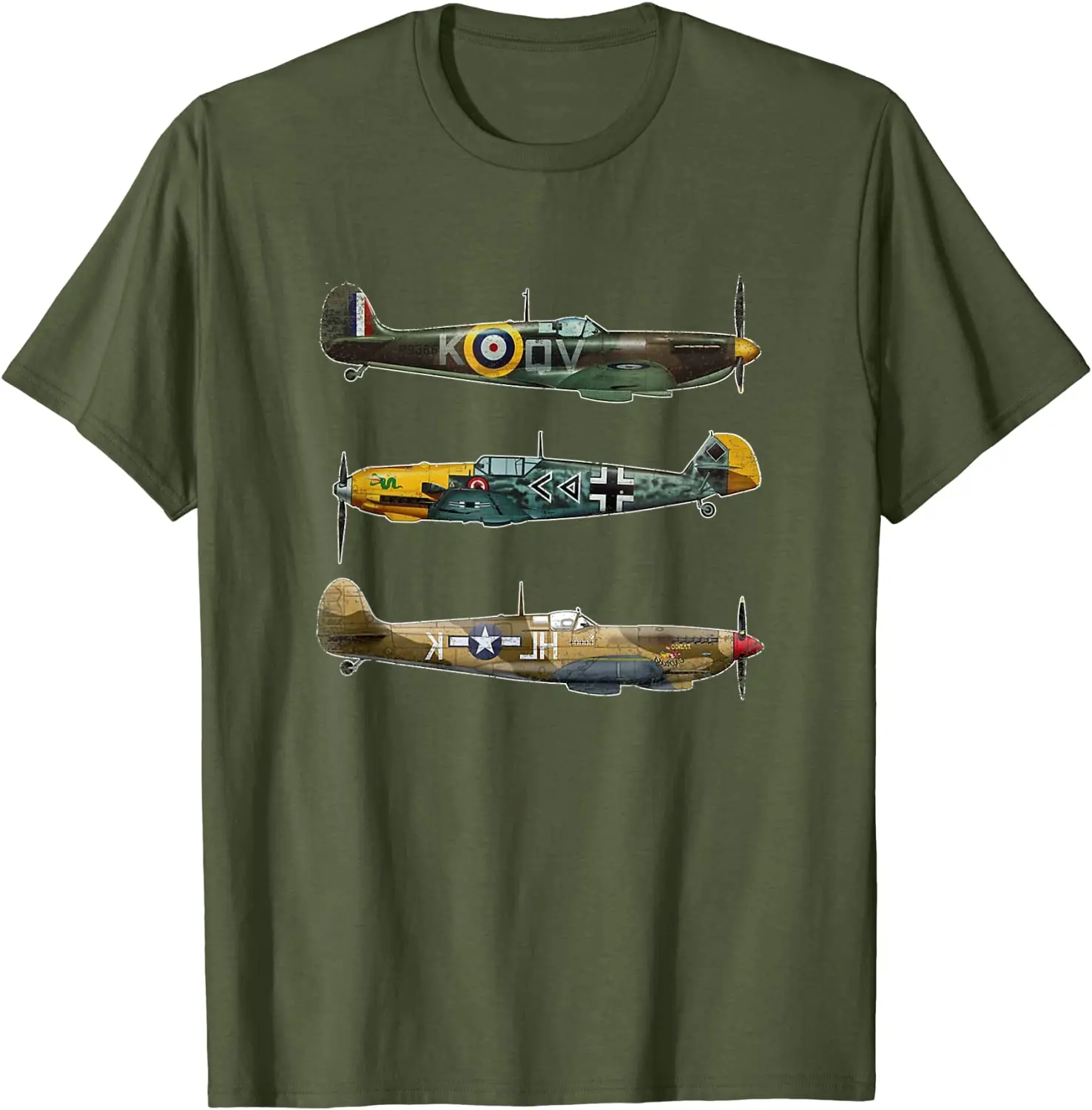 WW2 Planes Warbirds P51 Mustang Spitfire Messerschmitt Men T-Shirt Short Casual O-Neck Shirts for Man