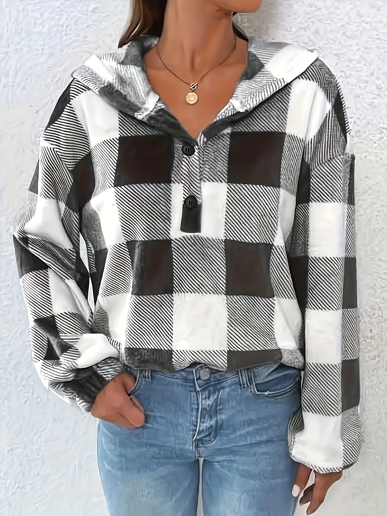 

Женская повседневная толстовка больших размеров в клетку с длинными рукавами и пуговицами, с капюшоном и полуоткрытой передней частью
