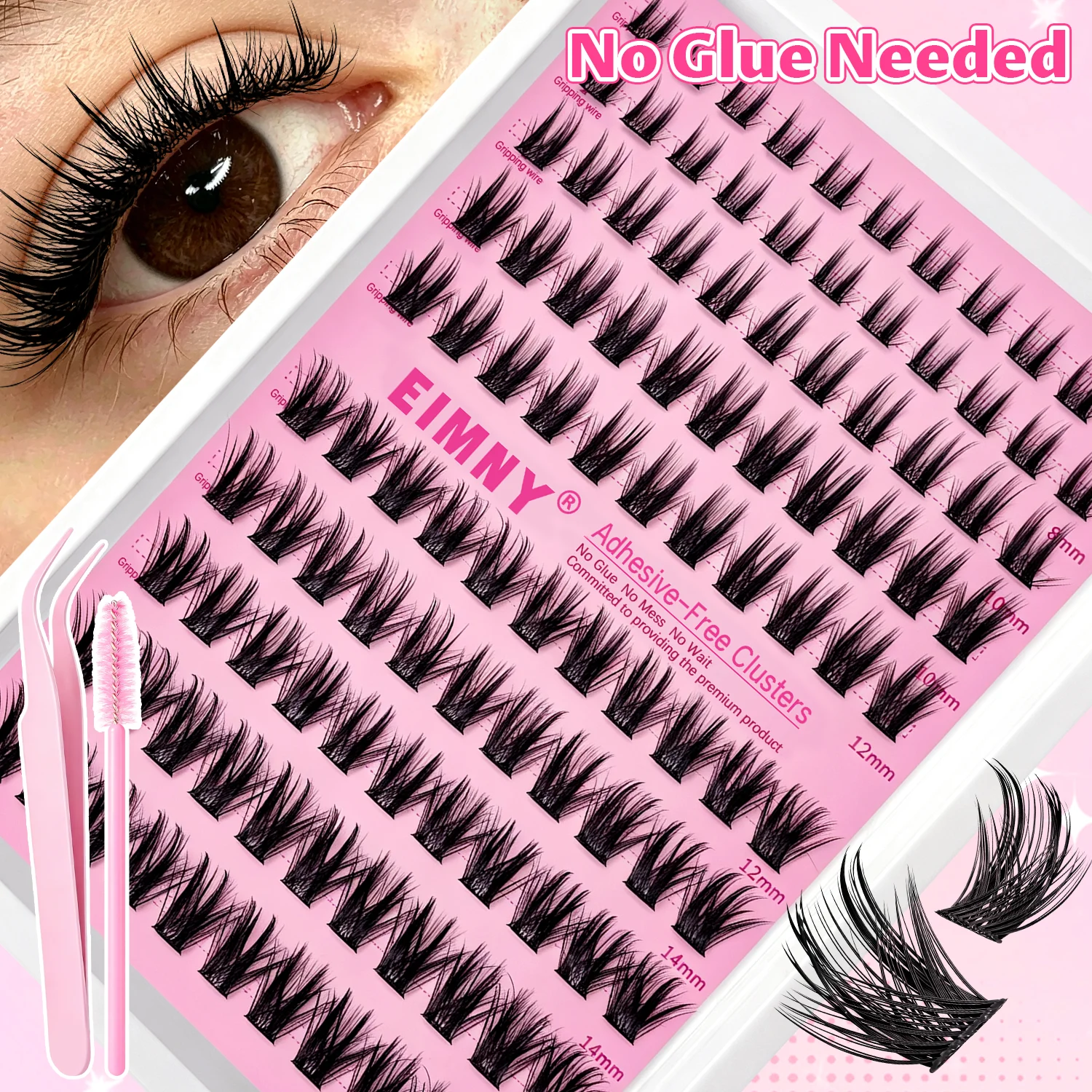 EIMNY Manga-Style Flauschige Einzelwimpernverlängerungen D-Curl Gemischte Längen Weiche Leichte Wimpernbüschel-Set, Kein Kleber Nötig!