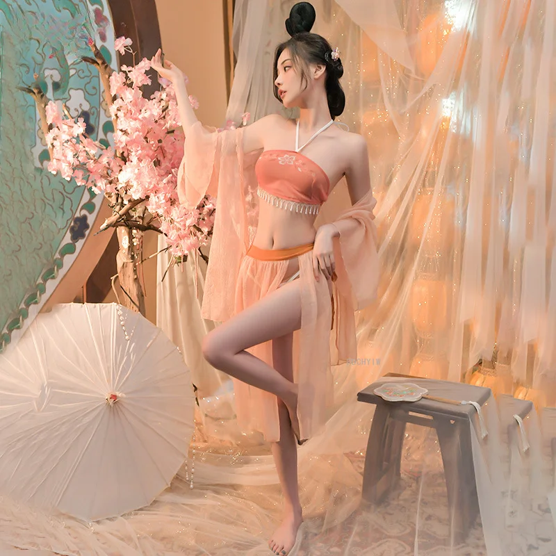Chinese Classical Skirt Costumes Vintage Dancer Traditional Hanfu Sexy Lingerie Apron Thong Robe Suit Women's Erotic Underwear image 2