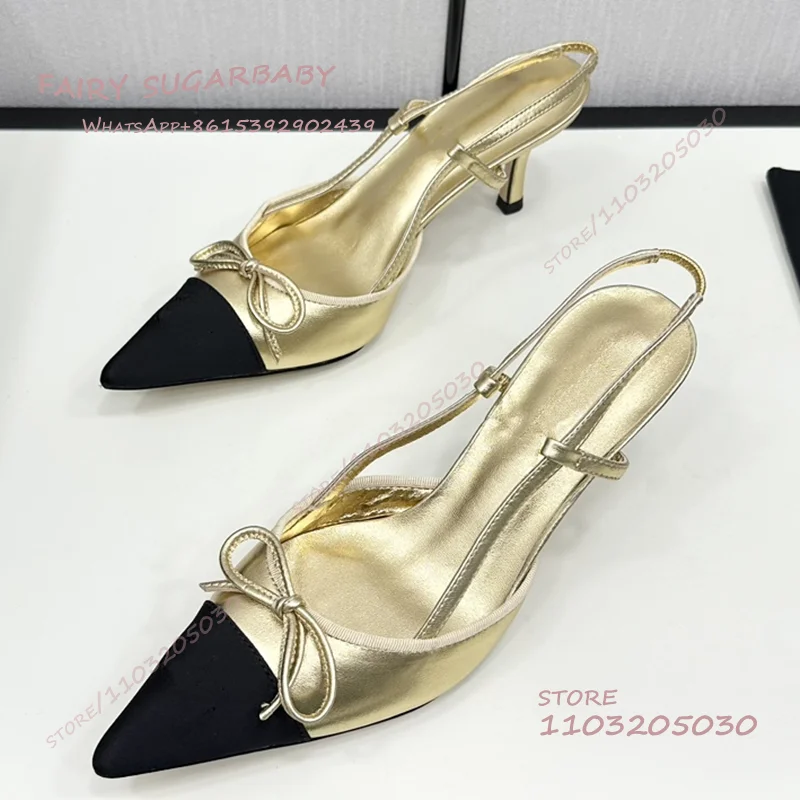 

Light Gold Bow Low Heel Sandal Black Suede Pointed Back Strap Mesh Hollow Stiletto Pump Silver Pure White Casual Slingback Shoes