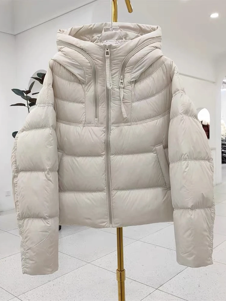 Fashion Zip Hooded down jacket for women Oversize 2025 Fall winter Solid color Warm 90% white duck down coat Casual INKEO DJ512