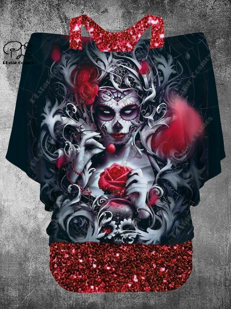 PLstar Cosmos 3D Printed Fake Two-Piece Top Women's Retro Punk Skull Rose Casual T-Shirt Halloween Costume Collection 8