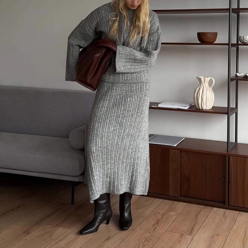 

BKLD винтажная мода из 3 предметов, женская вязаная верхняя одежда, шаль, шарф + свободный свитер с круглым вырезом + прямая полуюбка, осень-зима