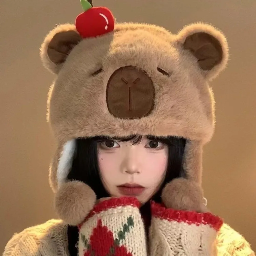 

New Windproof Bonnet Cap Warm Coldproof Pullover Hat Cartoon Plush Capybara Bucket Hat Girls
