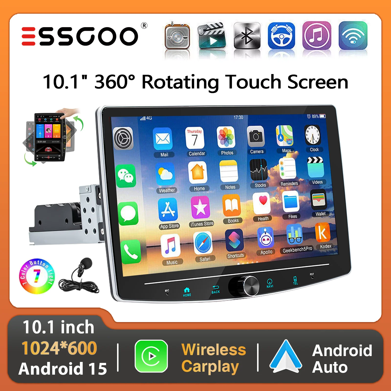 ESSGOO 10,1 Zoll Android 15 2+64G/4+64G 360 °   Drehbarer Touchscreen, kabelloses Carplay, universelles Autoradio, GPS, NAV, BT, WIFI, FM