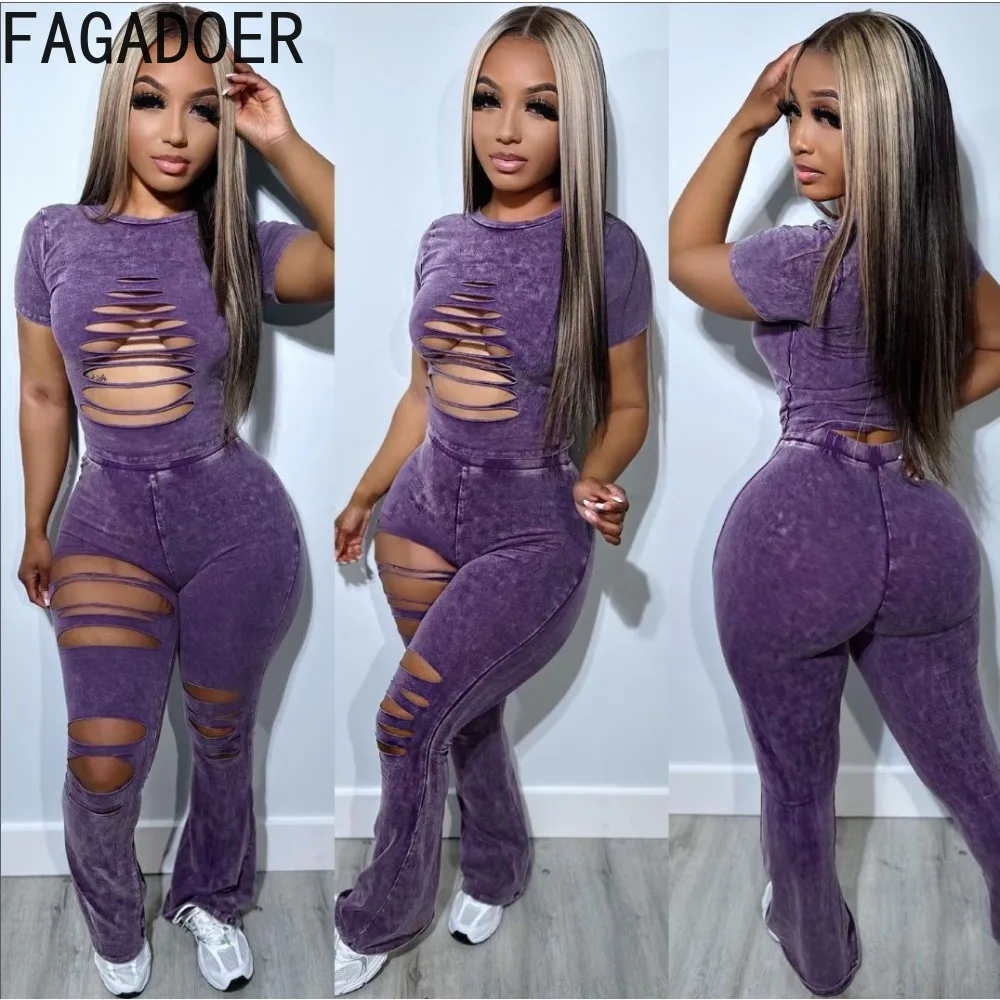 FAGADOER Hollow Out Casual 2 Piece Autumn Pants Sets for Women Short Sleeve Tshirt + Stretchy Leggings Outfits Retro Streetwear