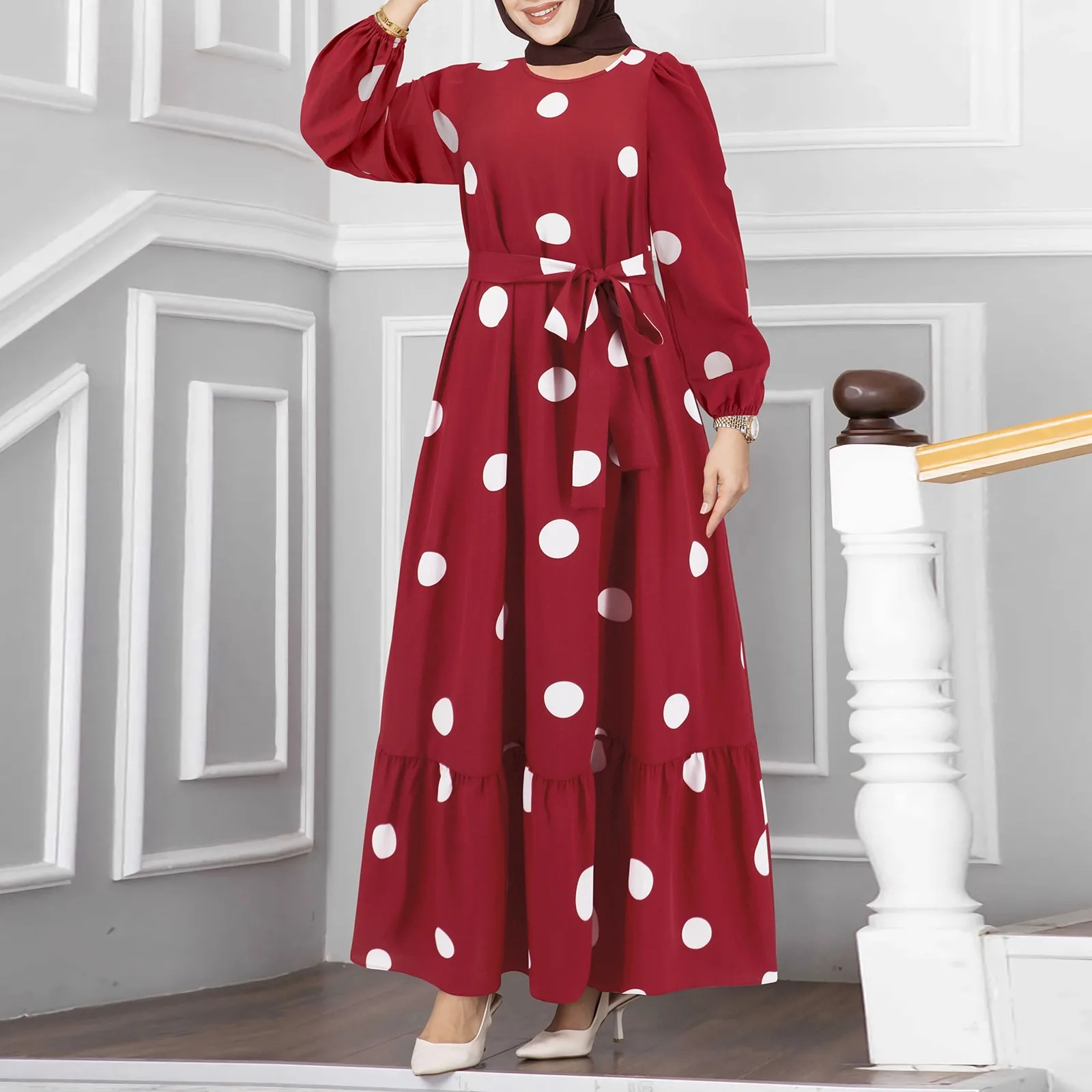 

Vantage Polka Dot Printed Long Maxi Dress Muslim Turkey Lace Up Long Sleeved Dresses Women Round Neck Ruffles Elegant Dress