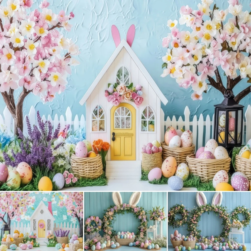 Spring Easter Studio Photo Background Blue Wood Wall Floral Arch White Bunny Ears Eggs Kids Family Portrait Photography Backdrop