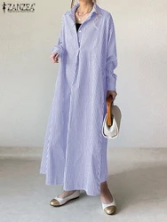 ZANZEA Oversize Fashion Women Striped Long Shirt Dress Autumn Lapel Neck Stylish Holiday Vestido Kaftan Casual Loose Sundress