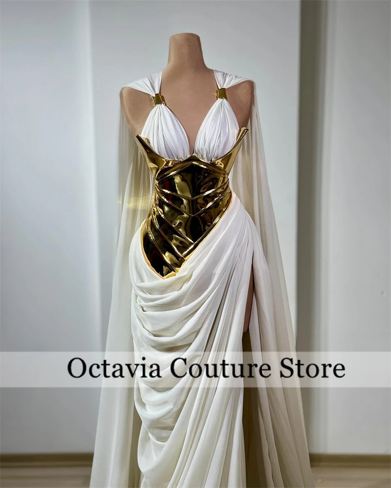 Vestidos De novia blancos para mujer, vestido Formal De diseño dorado con capa, vestido De novia con abertura larga, bata personalizada De Bal 2025