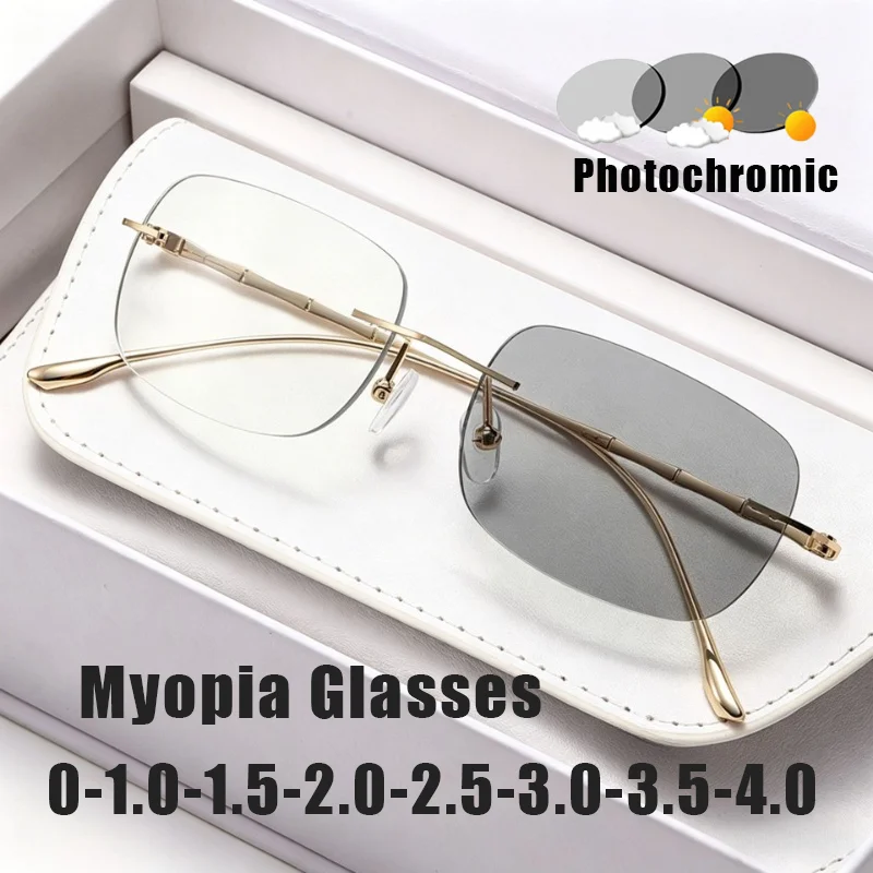 

Women's Luxury Photochromic Myopia Glasses Rimless Ultra-Light Fashionable Minus Diopter Eyeglasses Blue Light Blocking Goggles