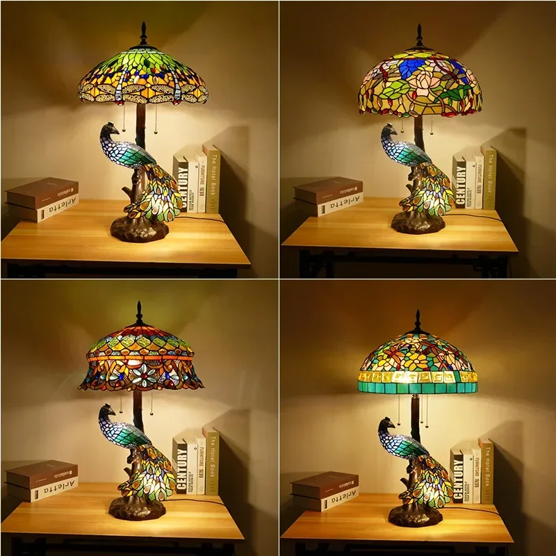 Tiffany Bird Tabe Lights with Glass Lampshade Nordic Powerful Desk Lamp Led for Bedside Table Bedroom Living Room  Room Decor