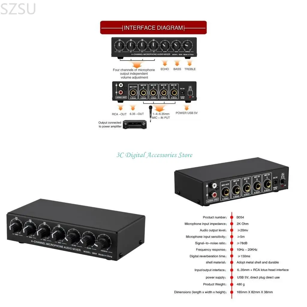 

SZSU Professional 4-Way Microphones Mixer 10Hz-20KHz Frequency USB 5Volt Power