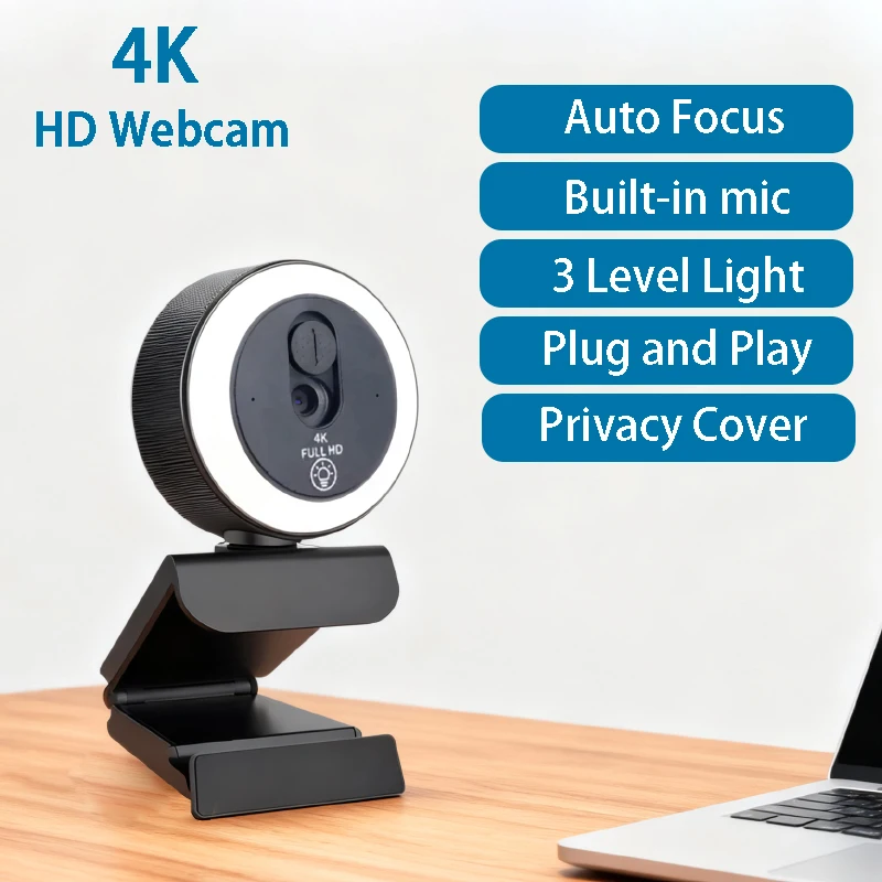 

Веб-камера 4K HD с заполняющей подсветкой, USB-камера с микрофоном, вращающаяся веб-камера с автофокусом Plug and Play для потоковой передачи, видеоконференций