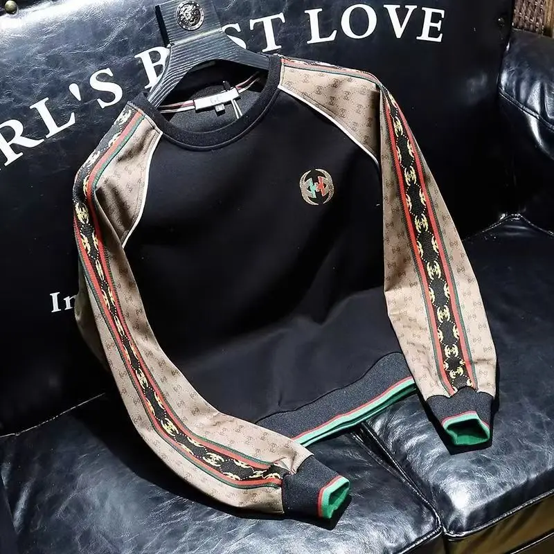 Autumn and winter new high-end splicing striped men's long-sleeved t-shirt trendy fashion slim-fitting crew neck men's sweater