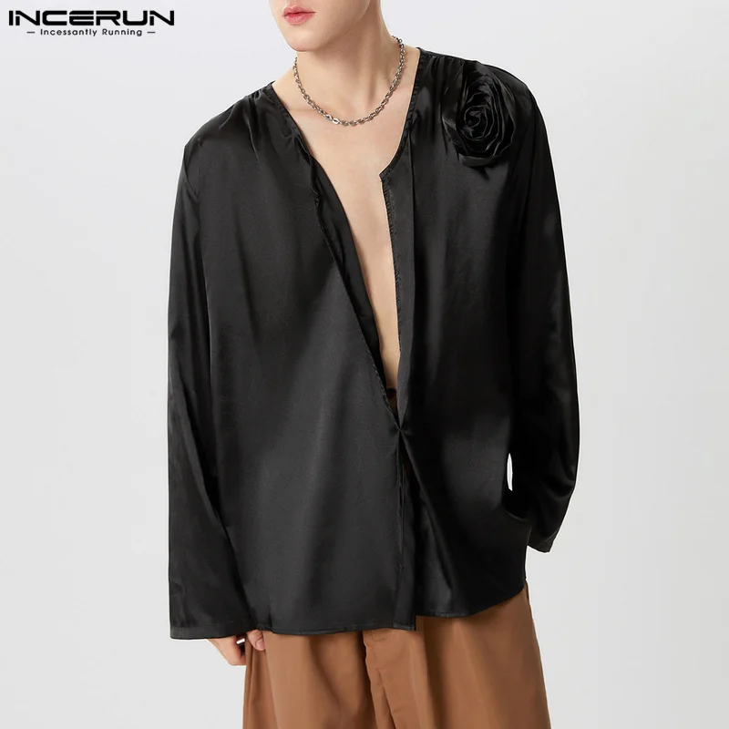 INCERUN Men Shirts Solid Color Satin V Neck Long Sleeve Casual Men Clothing Flower Loose Streetwear 2024 Fashion Camias S-5XL