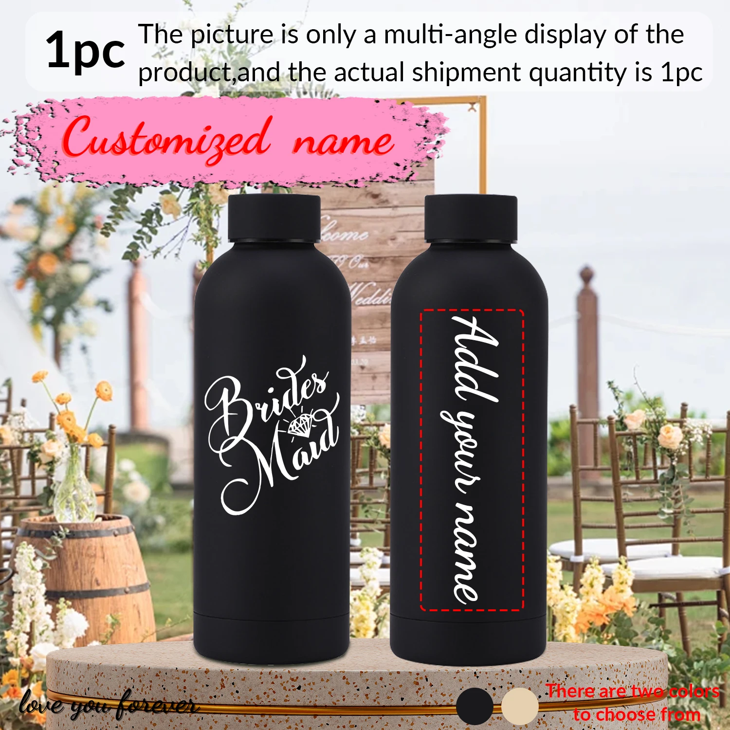 1Pc Custom Name Stainless Steel Water Bottle with Lid Hot Cold Insulated Drink Coffee Cup Gift For Wedding For friend or Bride